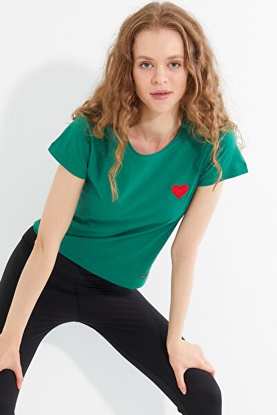 Polo State Žensko srce Vezena okrugla kragna T-shirt Zeleno