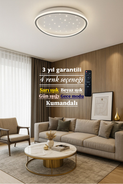 Lucent Avize Lucent Modern Plafonyer Tavana Sıfır 3renk Gece Işık Modu, Kumandalı, Salon Mutfak Hol Led Avize