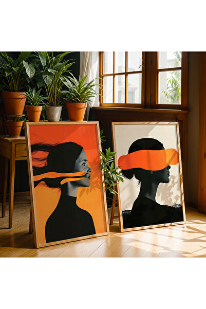 HİGUERA Διπλό γυναικείο πορτρέτο Red Abstract Series Σετ ζωγραφικής τοίχου με...