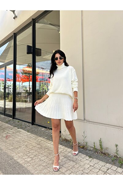 Puella Γυναικεία Κρεμ Πλισέ Φούστα - Σετ Πουλόβερ Ολόσωμο ζιβάγκο