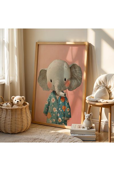 Artiera Pictură de perete cu cadru din lemn pentru camera copiilor și camera bebelușului cu pijama drăguță elefant