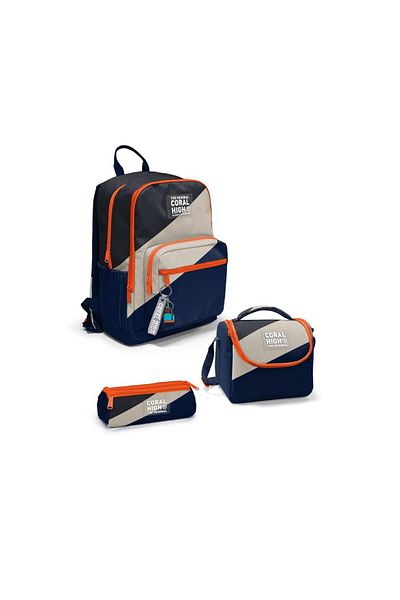 Coral High Navy Blue Dark Gray Beige Colored 3-Piece School Bag Set Set23693