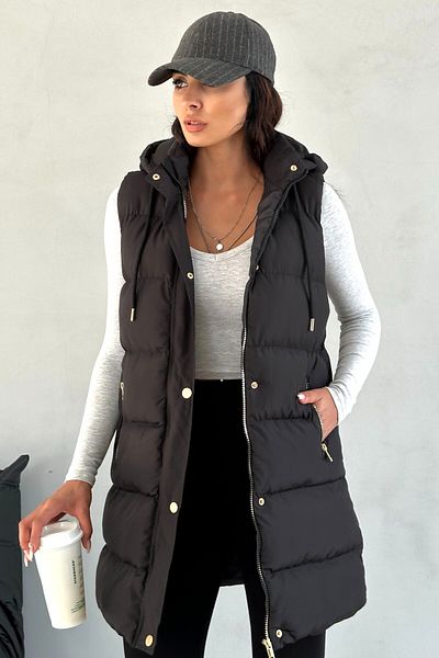 moda armanc Women's Black Long Puffer Vest - Hooded and Pockets