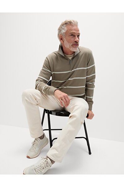 Marks & Spencer Saf Pamuklu Çizgili Yarım Fermuarlı Sweatshirt