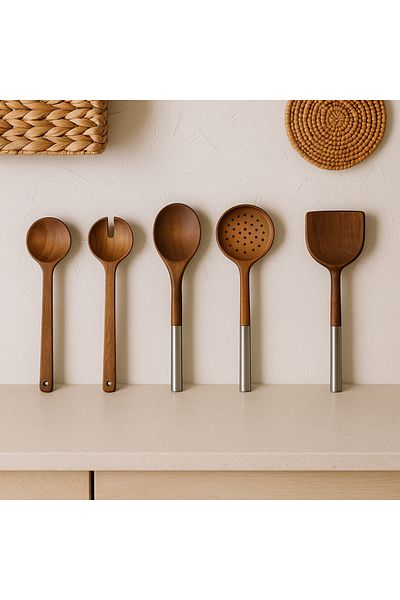 Kitchen Life 5 Piece Steel Handle Serving Set - Acacia Serving Spoon Spatula Scoop Set Serving Set