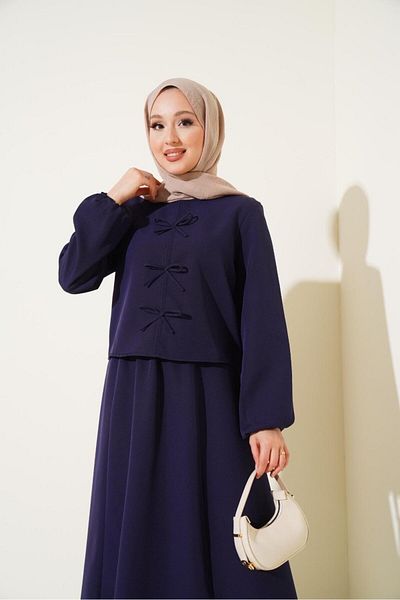New Lune Women's Clothing Bow Detail in Front Scuba Fabric Fitting Double Suit, Bottom Top Suit