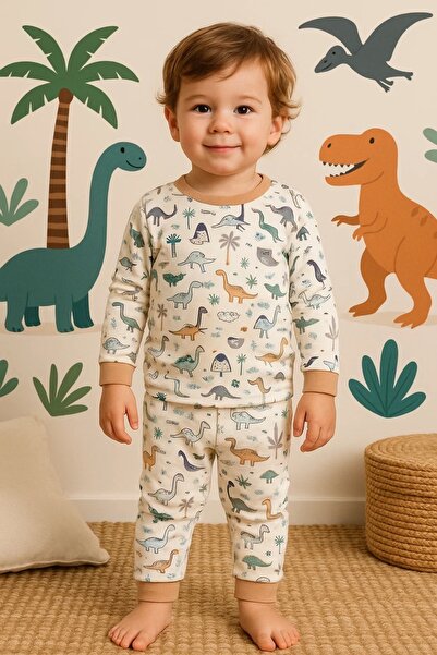 CNDR طقم بيجامة رياضية للأطفال بنمط الديناصور باللون البني