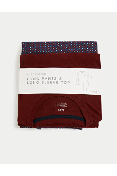 Marks & Spencer Saf Pamuklu Desenli Uzun Kollu Pijama Takımı