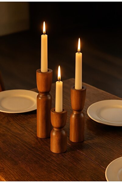 MeBa ConCept Doğal Ahşap Iskandinav 3'lü Set 18-14-10 Cm Şamdan Rustik Modern Vintage