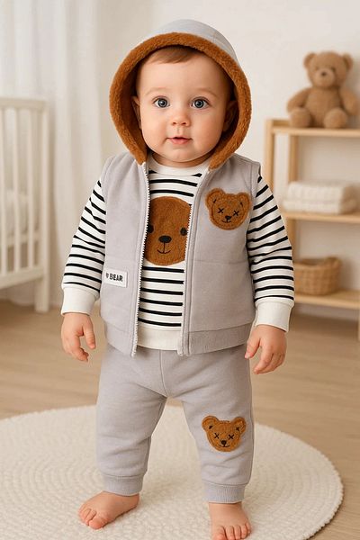 candar Gray Plush Teddy Bear Hooded 3-piece Set for 3-18 Months Baby Boy