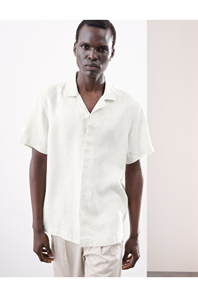 Marks & Spencer Saf Keten Herringbone Cuban Kısa Kollu Gömlek