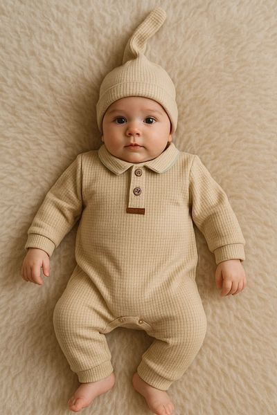 candar Waffle Patterned Collared Baby Boy Jumpsuit 100% Cotton