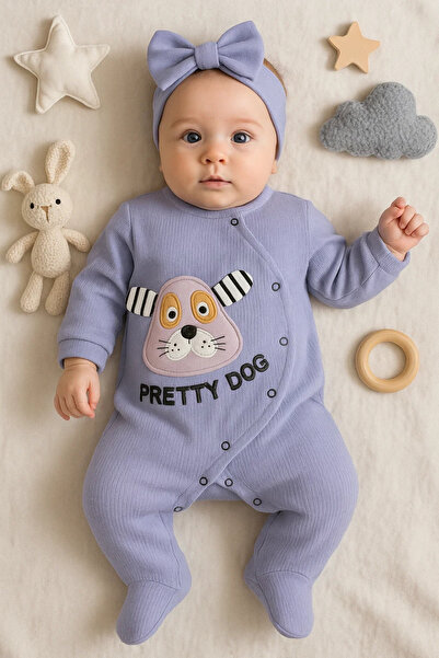 candar 3-18 Months Baby Girl Romper Pretty Dog Embroidery Bandana Lilac