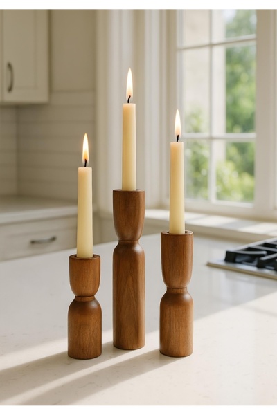 MeBa ConCept Doğal Ahşap Iskandinav 3'lü Set 18-14-10 Cm Şamdan Rustik Modern Vintage