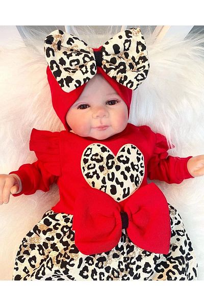 CNDR 3-9 Months Baby Girl Romper Leopard Print Red with Ruffles and Bow