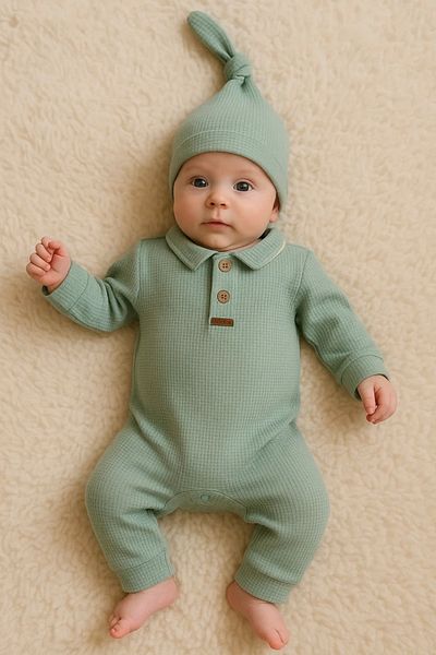 candar Waffle Patterned Collared Baby Boy Jumpsuit 100% Cotton