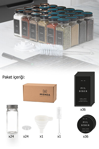 Mienda Home 24'lü Cam Baharatlık Seti Siyah Etiketli Baharatlık Takımı Fırça ...