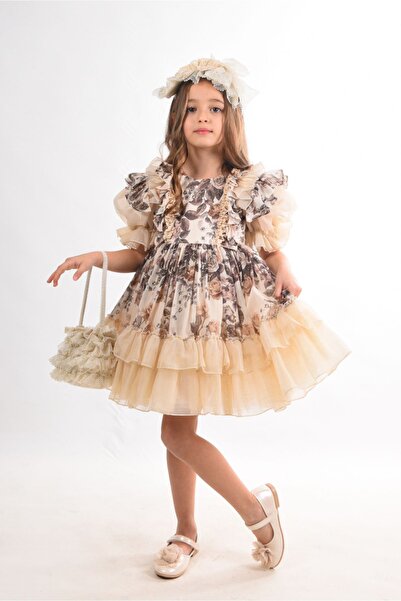 MIALORA EXCLUSİVE By Emel Ebru Özdemir Kız Çocuk Abiye Elbise, Çanta Ve Taç Aksesuarlı, Fırfır Detaylı Kız Çocuk Elbise