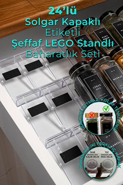 Mienda Home 24'lü Şeffaf Kristal Plexi Standlı Cam Baharatlık Seti Siyah Kapa...
