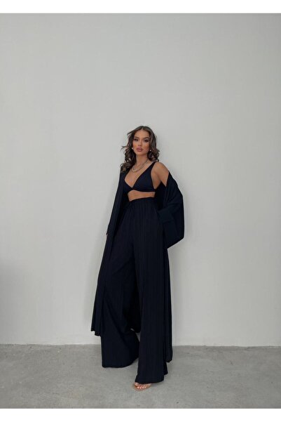 Kısmetin Butiği Kadın siyah kimona takım gofre kumaş NEW COLLECTİON