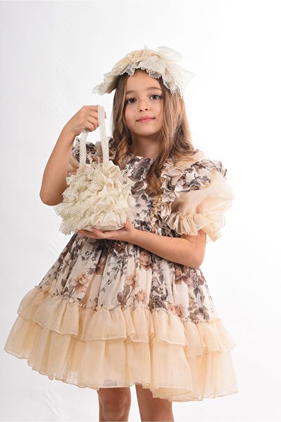 MIALORA EXCLUSİVE By Emel Ebru Özdemir Kız Çocuk Abiye Elbise, Çanta Ve Taç Aksesuarlı, Fırfır Detaylı Kız Çocuk Elbise