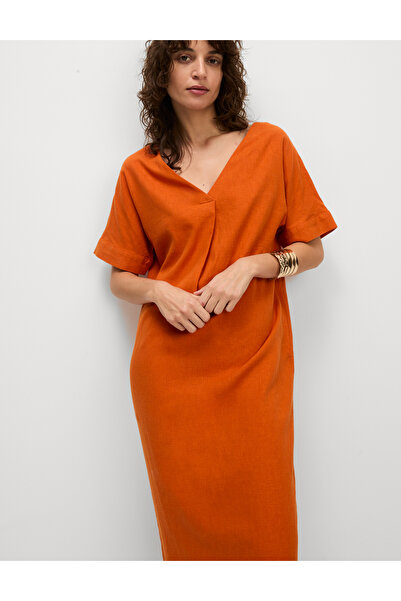 Marks & Spencer Keten Karışımlı V Yaka Midi Elbise