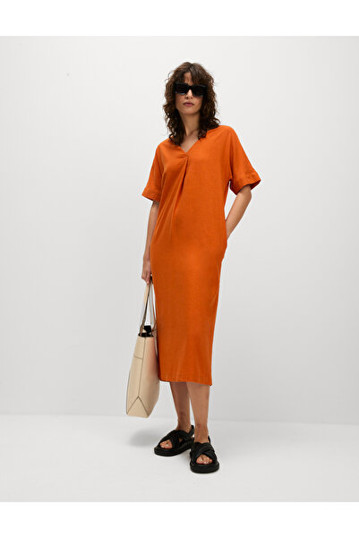 Marks & Spencer Keten Karışımlı V Yaka Midi Elbise