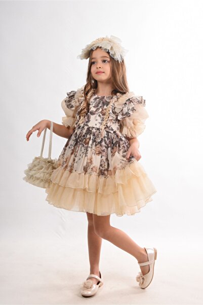 MIALORA EXCLUSİVE By Emel Ebru Özdemir Kız Çocuk Abiye Elbise, Çanta Ve Taç Aksesuarlı, Fırfır Detaylı Kız Çocuk Elbise