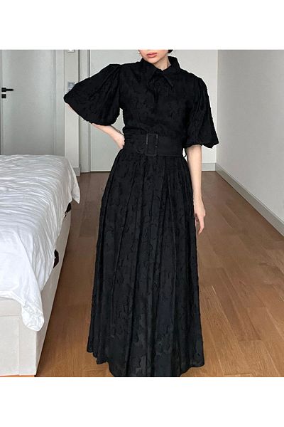 Afiş Butik Black Belted Balloon Sleeve Floral Patterned Midi Dress