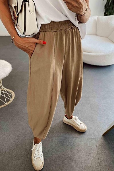Nana & Mayka Moda Women's Baggy Trousers – Camel Four Seasons Gabardine, Relaxed Fit, Elastic High Waist 4003