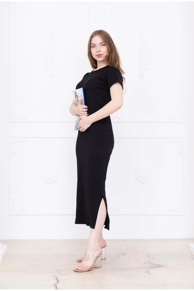 HOBİ Kadın siyah renk yırtmaçlı bisiklet yaka kaşkorse elbise