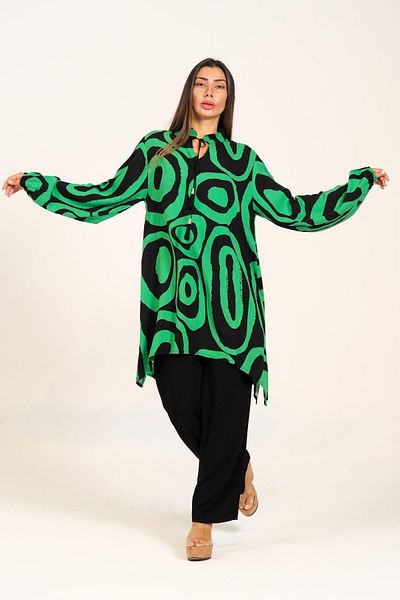 Keyifli Moda Markano Green Black Patterned Balloon Sleeve Tassel Lace up Pocket Tunic Trousers Double Suit