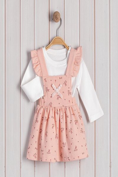 dinamik çocuk Baby Girl Floral Patterned Bow Dress with Badili 2-Piece Set Long Sleeve Undershirt 3-6-9-12-18-24Months