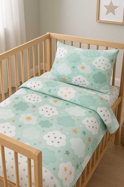 Bebek Özel Set de lenjerie de pat pentru copii din bumbac pentru adolescenți Green Moon Star (Fără YORGAN)