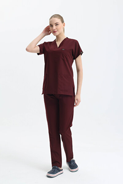 JUMAK Üniforma Likralı Cerrahi Doktor Hemşire Dr Greys Scrubs Bordo Takım T 2...