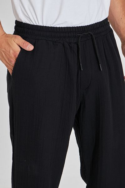 masso moda Men's Baggy Muslin Linen Waist Lace-Up Elastic Straight Leg Trousers