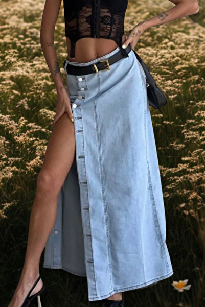 comstar Γυναικεία μακριά βασική τζιν φούστα με κουμπιά με σχισμή