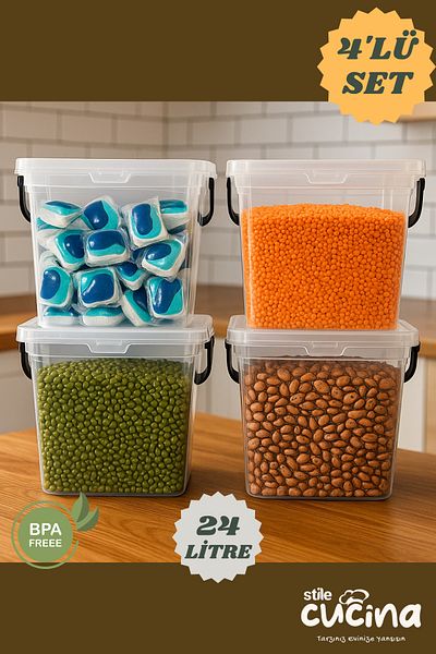 Stile Cucina Mega Boy 4-Piece Square Flour Container 6 Liters - Detergent Dispenser Storage Box with Handles Transparent