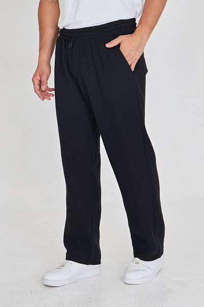 masso moda Men's Baggy Muslin Linen Waist Lace-Up Elastic Straight Leg Trousers