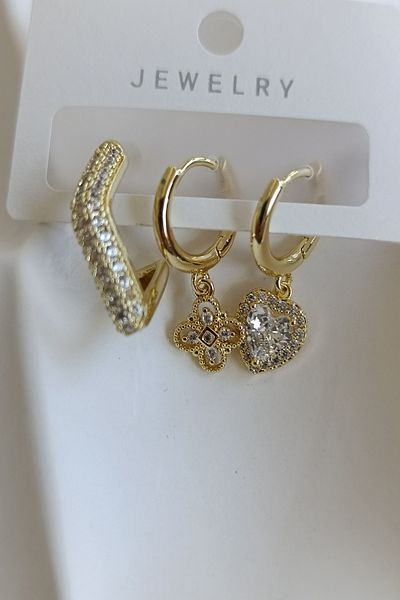 Birmem Women's Zircon Stone Heart and Clover Figured Triple Combination Earring Set