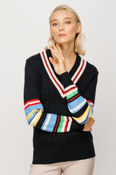 Ekol On Fashion V-Neck Sleeves Color Detailed Sweater