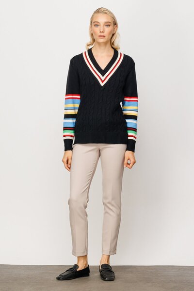 Ekol On Fashion V-Neck Sleeves Color Detailed Sweater