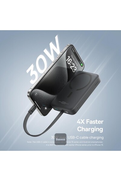 Baseus باور بانك مغناطيسي صغير لاسلكي سريع الشحن بقوة 30 وات، 10000 مللي أمبير/ساعة، مع كابل مدمج من النوع C - أسود
