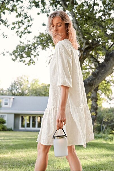 Tchibo Women Embroidery 3/4 Sleeve Woven Mini Dress, Ivory