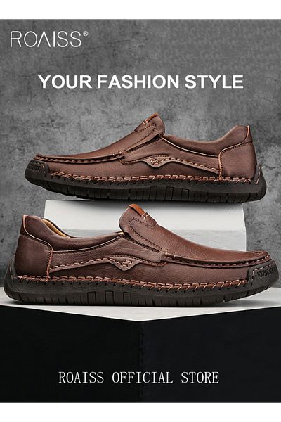 ROAISS Hand Stitched Threaded Slip-On Loafers for Men Casual Driving Shoes with Soft Anti Slip Bottom Mens