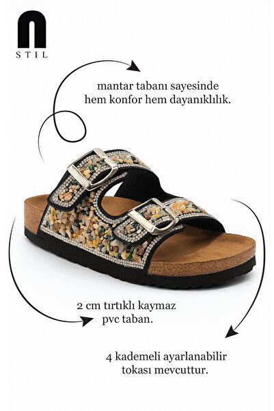 Allyup Καθημερινές γυναικείες μαύρες παντόφλες με διπλή πόρπη με βότσαλο πέτρα οβάλ σόλα από φελλό Χαμηλό τακούνι 1792