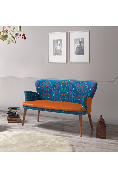 Azra Aksesuar Ikili Koltuk - Etnik Desen - Nubuk Kumaş - Ahşap Ayak - Turuncu