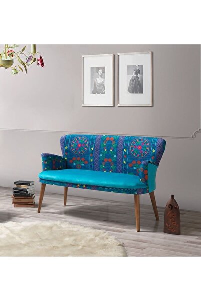 Azra Aksesuar Ikili Koltuk - Etnik Desen - Nubuk Kumaş - Ahşap Ayak - Turkuaz