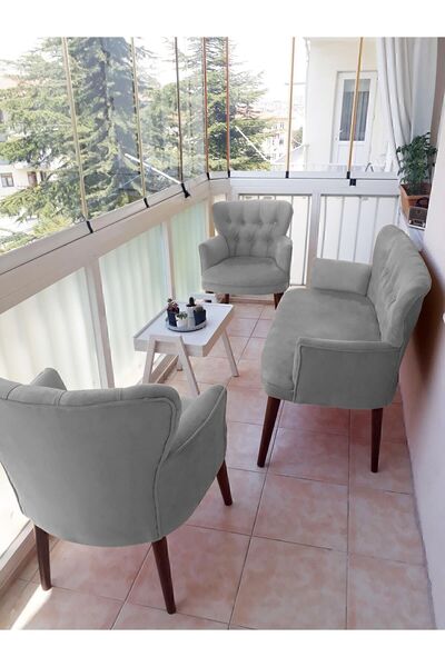 Azra Aksesuar Çay Seti Koltuk Takımı - Düz Renk - Ahşap Ayak - Babyface Kumaş - Açık Gri