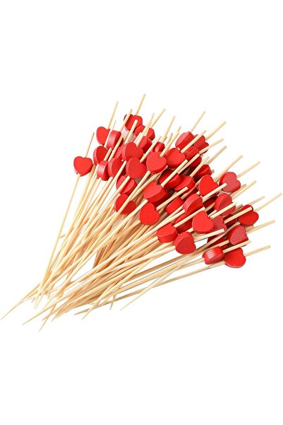 alenked أعواد أسنان من الخيزران على شكل قلب أحمر 12 سم 50 قطعة